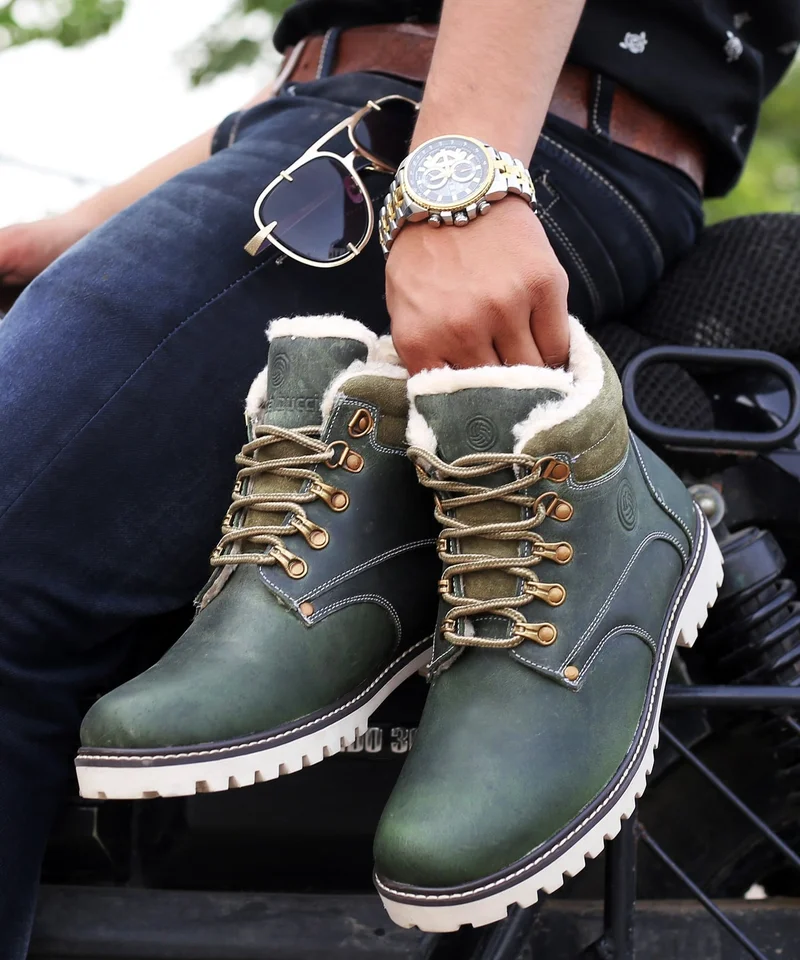 Bacca Bucci Olive Moscow Leather Biker Boots with Fur for Hiking for Men | Best Price UAE